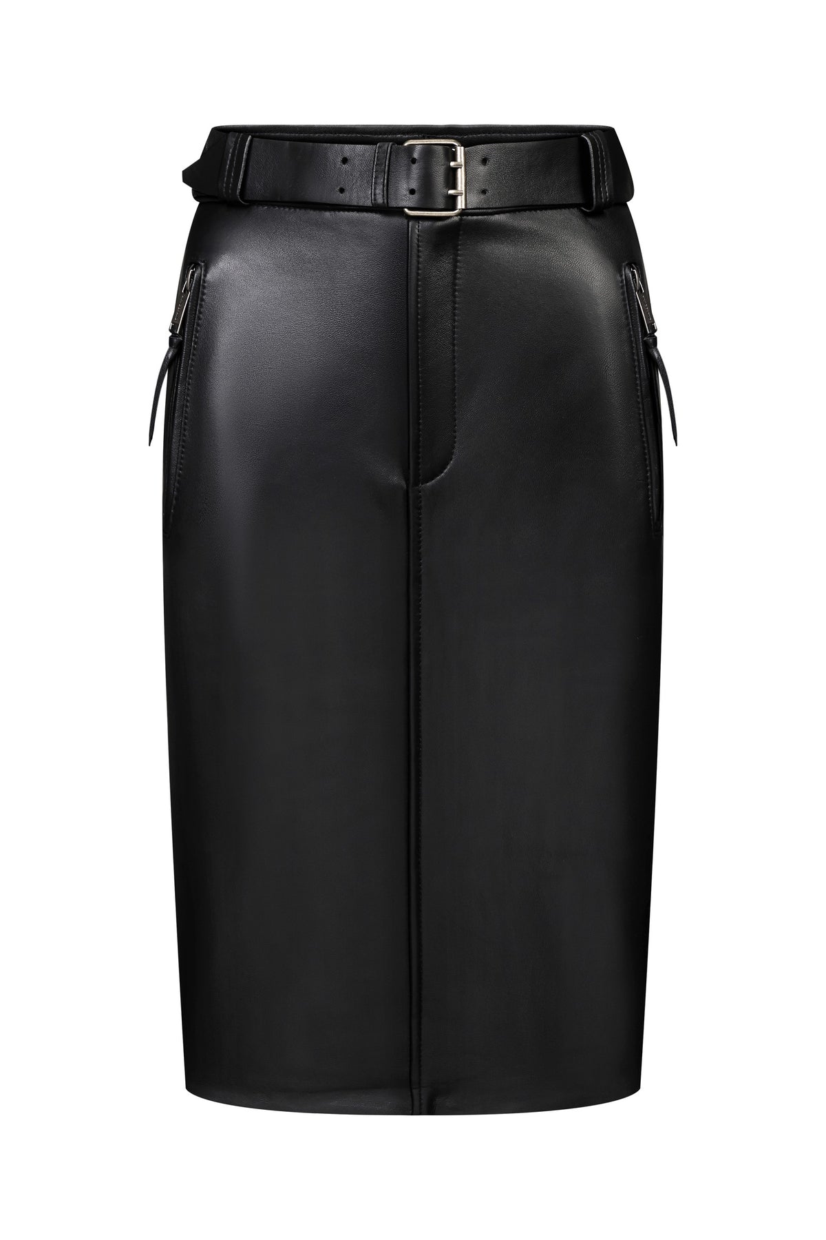 Belted leather midi skirt