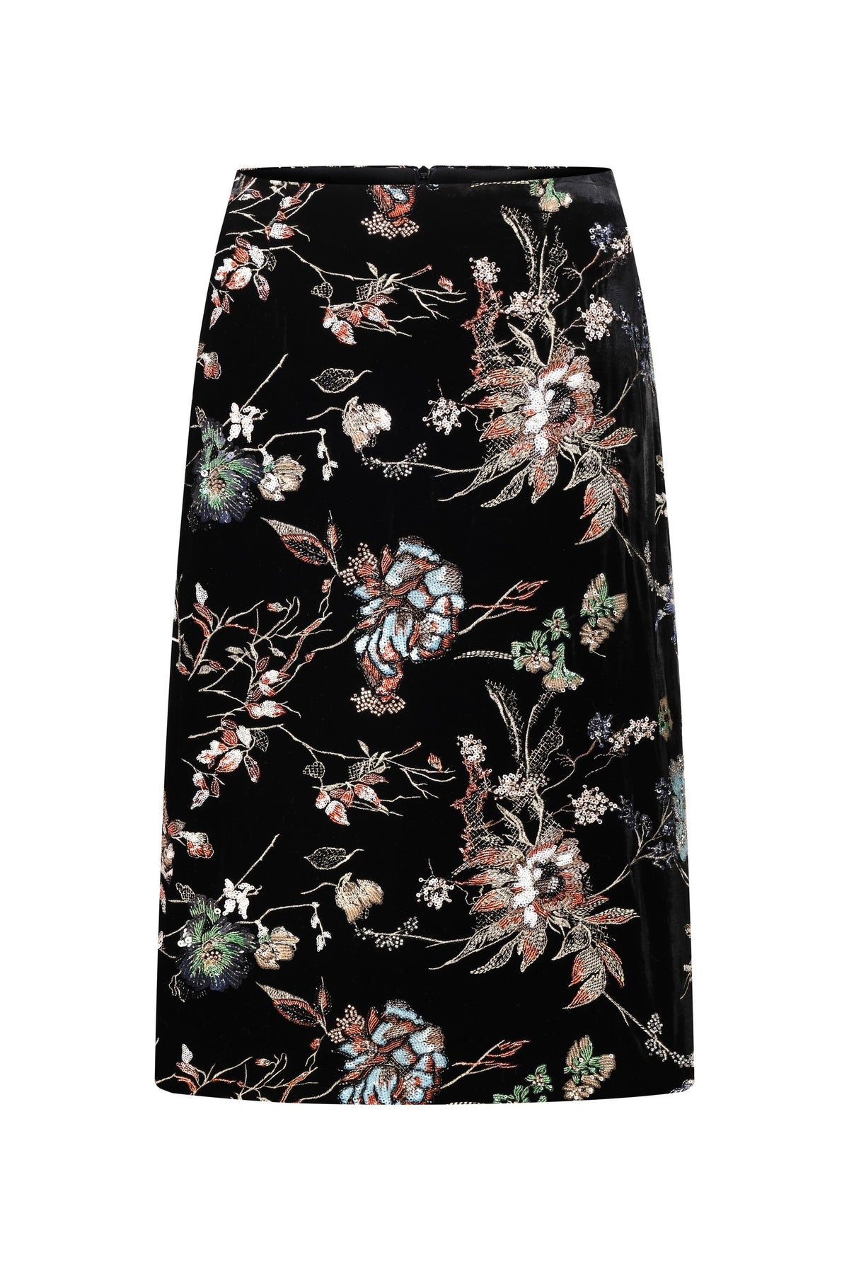 Embroidered velvet pencil skirt