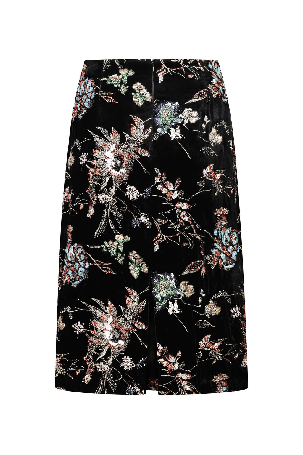 Embroidered velvet pencil skirt