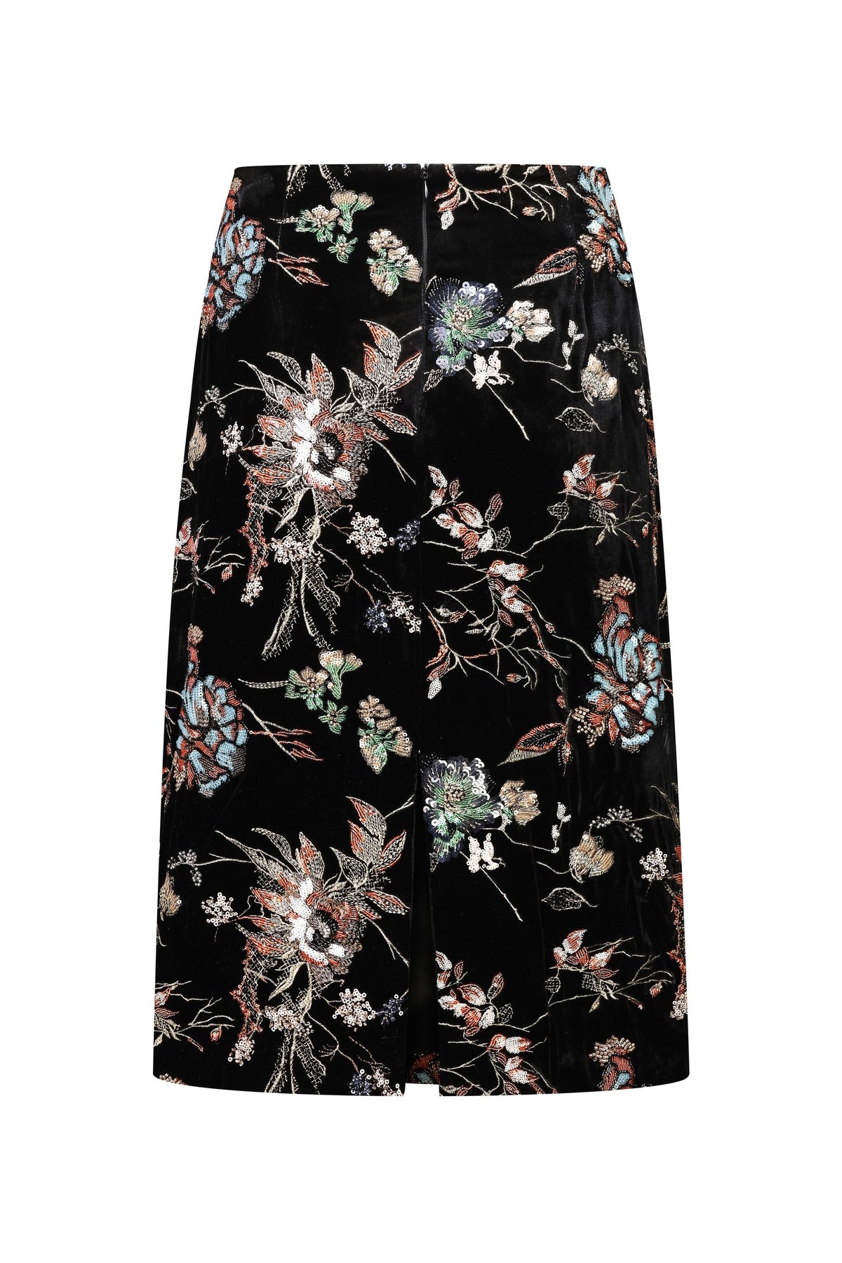 Embroidered velvet pencil skirt